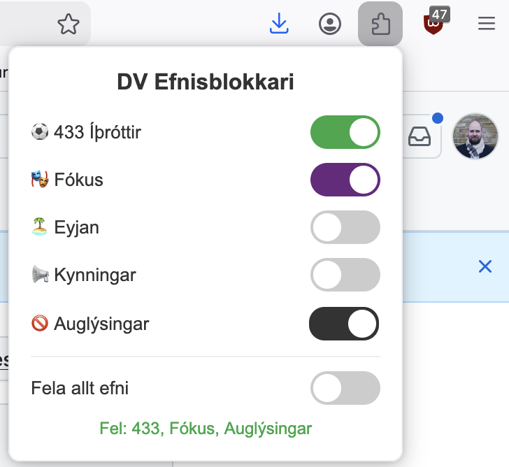 Viðbótarstjórnborð með íslenskum texta